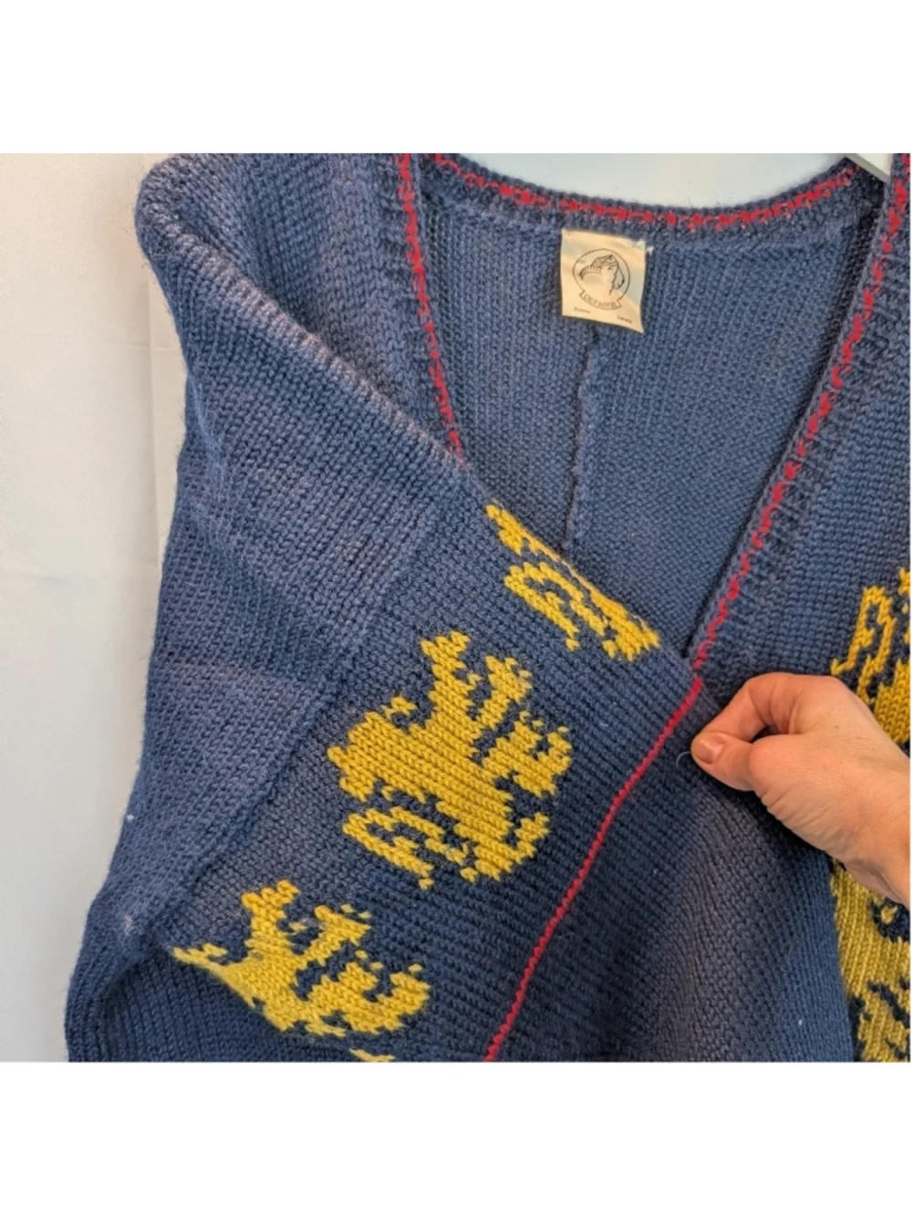 Handmade Wool Navy Cardigan with Yellow Lion Accents Size L In VGUC